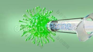 与COVID-19疾病<strong>疫苗</strong>的注射器破坏冠状病毒，概念3D动画
